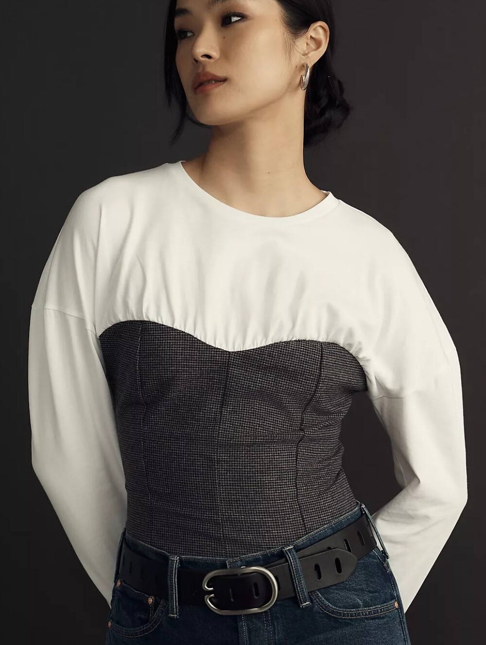 Anthropologie Maeve Twofer Long-Sleeve Corset Top Size Medium White Grey NWT